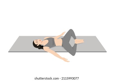 Reclining Bound Angle Pose, Reclining Cobbler Pose, Reclining Fixed Angle Pose. Beautiful girl practice Supta Baddha Konasana. Young attractive woman practicing yoga exercise. working out, black