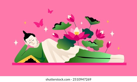 Reclining buddha in lotuses - modern colored vector illustration