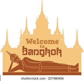 Reclining Buddha on the background of Wat Ratchanadda. Editable vector illustration.