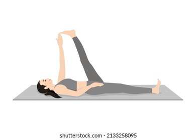 Reclining Hero Pose, Saddle Pose. Beautiful girl practice Supta Virasana. Young attractive woman practicing yoga exercise. working out, black wearing sportswear, grey pants and top, indoor full length