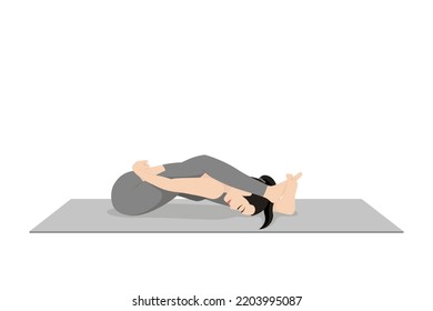 Reclining Turtle Pose, Sleeping Tortoise Pose. Beautiful girl practice Supta Kurmasana. Young attractive woman practicing yoga exercise. working out, black wearing sportswear, grey pants and top