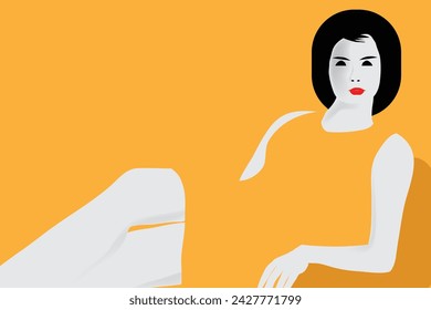 A reclining woman in a yellow dress is featured in an illustration with ample space for text.