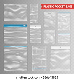Reclosable resealable zipper clear plastic pocket bags assortment realistic collection on transparent background vector illustration  