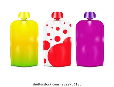 Reclosable stand-up pouch mock-up. Liquid baby food package template. Plastic bag with spout and screw cap mockup. Color set. Easy editable vector illustration