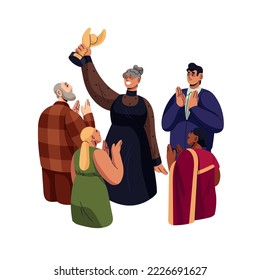 Recognition and acknowledgement of achievements. Outstanding senior old woman with reward and appreciation, respect, praise of people. Flat graphic vector illustration isolated on white background