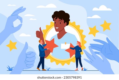 Recognition for best employee vector illustration. Cartoon tiny corporate office workers give star prizes to confident man inside round golden frame of medal, hands of people clap to hero champion