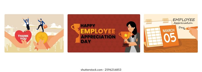 Recognition of the best employees.Employee Appreciation Day. Symbolizes gratitude and recognition in the workplace. Employee Appreciation Day concept. Set flat vector illustration.