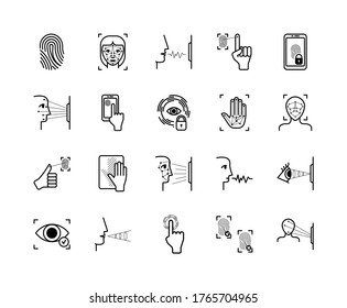 Recognition biometric icons system set. Fingerprint palm identification appearance biometry face scanning unlock smartphone scanning retina voice vibration modern protection. Security vector icons