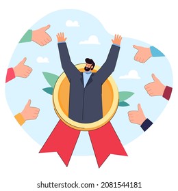 Recognition by colleagues of popular man as best employee. Business person with outstanding reputation flat vector illustration. Human resources, hiring, success, recruitment concept for banner