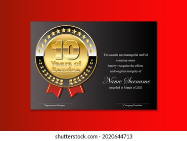 recognition certificate, serving the company for 10 years.