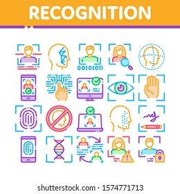 Recognition Collection Elements Icons Set Vector Thin Line. Eye Scanning, Biometric Recognition, Face Id Systems, Human Silhouette Concept Linear Pictograms. Color Contour Illustrations