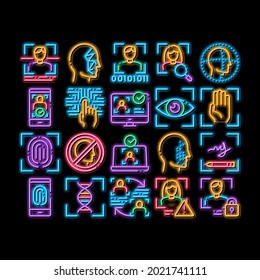 Recognition Elements neon light sign vector. Glowing bright icon  Eye Scanning, Biometric Recognition, Face Id Systems, Human Silhouette Illustrations