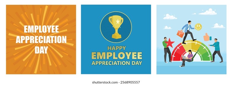 Recognition of employee performance. Employee Appreciation Day with trophy. Rewards for employee performance. Employee Appreciation Day concept. Set flat vector illustration.
