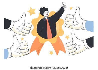 Recognition of employees best work by boss and colleagues. Hands of employers making thumbs up to popular happy man flat vector illustration. Reputation, human resources, career success concept