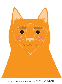 Recognition of the face of a ginger cat, animal or pet as a concept for the use of digital technology. Stock vector flat illustration with identification of a lost cat for search svg