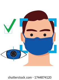 Recognition of the face and retina of a man in a face mask or respirator to protect the respiratory tract. Flat vector stock illustration with person identification isolated on white background.