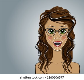 Recognition. Futuristic and technological scanning of the face of a beautiful woman to recognize the face and the scanned person. Concept future, security, scanning