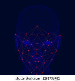 Recognition of the girl's face. The polygonal wireframe of the girl’s head demonstrates face recognition technology. A lot of points and lines for recognizing a person's personality.