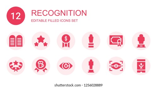 recognition icon set. Collection of 12 filled recognition icons included Commandments, Award, Eye scan, Voice recognition