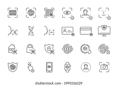 Recognition of Identity Line Icon. Set of Biometric Verification with Barcode, Qr Code, Fingerprint, Face Id, Voice Recognition, Password. Security System. Editable Stroke. Vector Illustration.