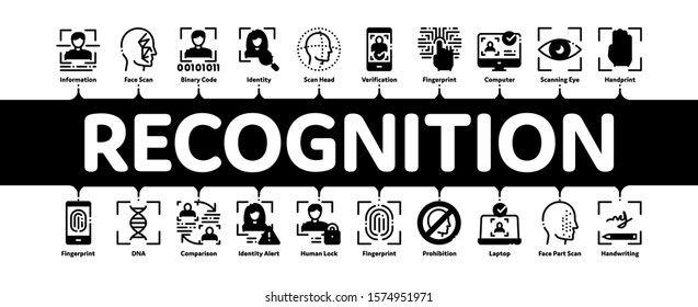 Recognition Minimal Infographic Web Banner Vector. Eye Scanning, Biometric Recognition, Face Id Systems, Human Silhouette Concept Illustrations