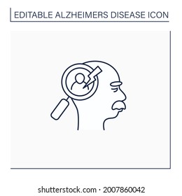 Icono de línea de problemas de reconocimiento. Problemas para reconocer caras, objetos. Enfermedad de Alzheimer. Concepto de trastorno neurológico.Ilustración vectorial aislada.Accidente cerebral editable