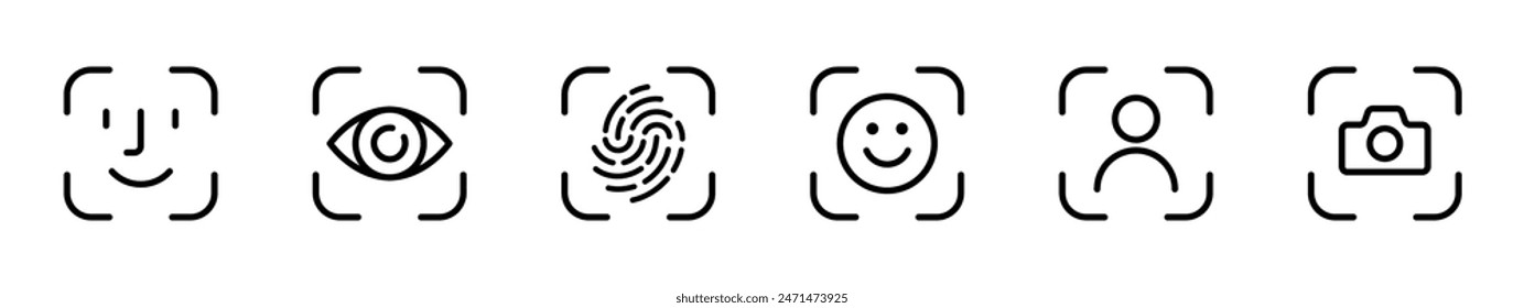 Recognition, scan identification icon set. Face security, id biometric icons collection. Vector