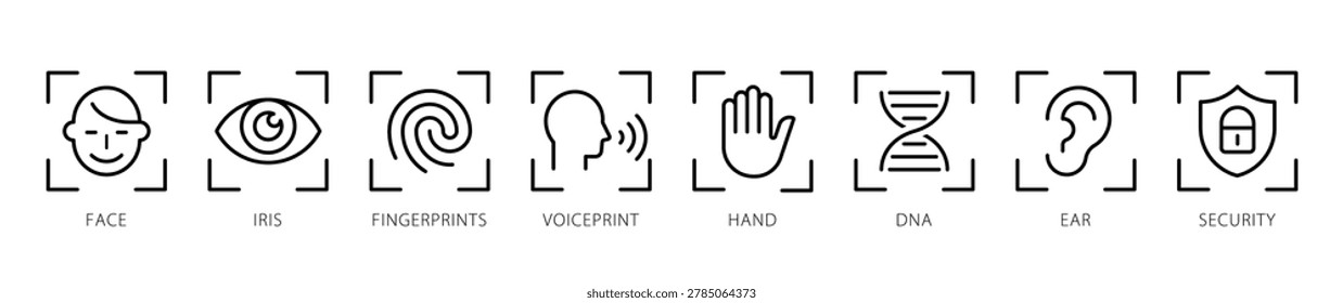 Recognition, scan identification icon set. Face security, id biometric icons collection. Vector
