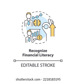 Reconocer el icono del concepto de alfabetización financiera. Gestión financiera para la ilustración de la línea delgada de ideas abstractas de inicio. Dibujo de contorno aislado. Trazo editable. Fuentes Arial, Myriad Pro-Bold utilizadas