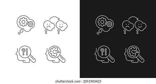 Recognize ones weaknesses linear icons set for dark and light mode. Changing opinion. Critical thinking. Customizable thin line symbols. Isolated vector outline illustrations. Editable stroke