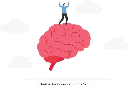 reconocer pensamientos o emociones, creatividad o inteligencia emocional, Pensamiento crítico en el tratamiento de diversas situaciones, concepto de mentalidad de crecimiento, hombre de negocios montado en el cerebro humano controlar la mente
