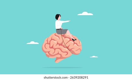 recognize thoughts or emotions, creativity or emotional intelligence, Critical thinking in dealing with various situations, growth mindset concept, woman riding the human brain control the mind