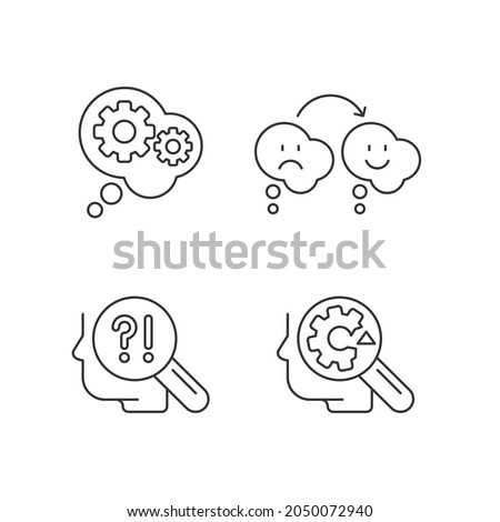 Recognize weaknesses linear icons set. Reasoning and changing opinion. Self monitoring, development. Customizable thin line contour symbols. Isolated vector outline illustrations. Editable stroke