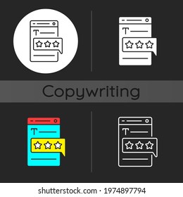 Recognized by clients dark theme icon. User satisfaction. Customer experience from quality copywriting services. Linear white, simple glyph and RGB color styles. Isolated vector illustrations