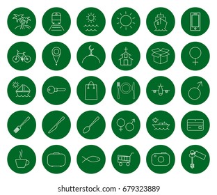 Recognizing the world - tours, thirty vector round line icons for your website or booklet, color change in one click, flat style