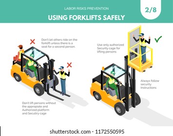 Recomendatios about using forklifts safely. Labor risks prevention concept. Isometric design isolated on white background. Vector illustration. Set 2 of 8.