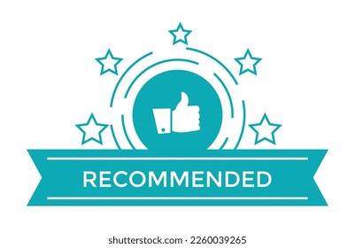 Recommend badge. Colorful tag design with thumb up, isolated on white background. Recommendation and approval of production, isolated label. Promotional bright banner, premium quality