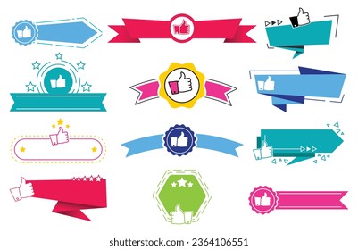 Recommend badges. Colorful tags design with thumb up, isolated on white background. Recommendation and approval of production, isolated labels. Promotional bright banner, premium quality