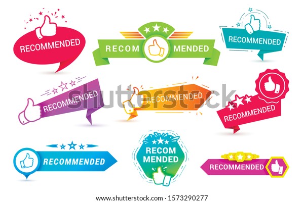 Recommend badges creative vector templates\
set. Recommendations colorful tags design with thumbs up isolated\
on white background. Best products, approved quality, warranty\
paper ribbons\
collection