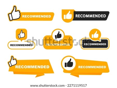 Recommend icon set. Label recommended with thumbs up. Quality control. Recommendation tag. Modern recommend badge. Vector illustration.