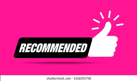 Recommend Icon. Thumb Up Emblem. Pink Purple Color. Recommendation Best Seller Sign. Good Advice. Recommended Sale Label. Bestseller Sticker.  Vector Illustration.