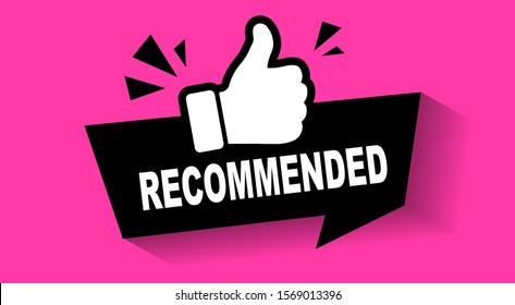 Recommend icon. Thumb up emblem. Pink purple color. Recommendation best seller sign. Good advice. Recommended sale label. Bestseller sticker. Vector illustration.