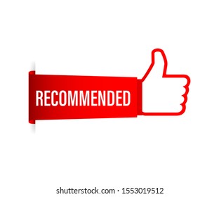 Recommend icon. White label recommended on red background. Vector stock illustration.