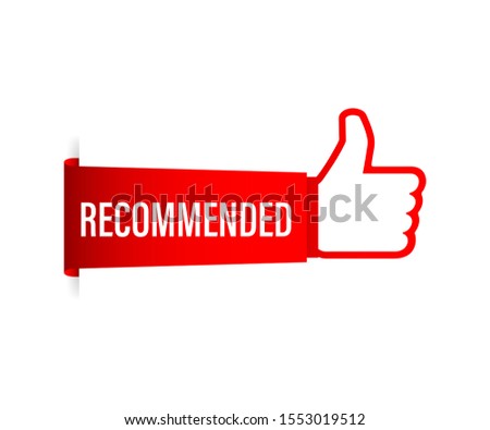 Recommend icon. White label recommended on red background. Vector stock illustration.