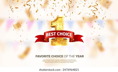 Recommend product best seller, best choice, certified brand 3d vector illustration. Best offer ads, good rating. Number 1 one with red ribbon on on falling down confetti light background