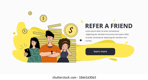 recommend service to your friends and get discounts and bonuses. Affiliate partnership. Refer a friend and make together money. Flat illustration for banner, template or phone advertising. 