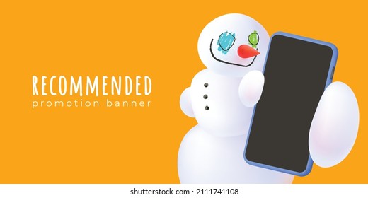 Recommendation, advertising banner with a blue phone, horror character and carrot. Smiling 3D snowman with painted eyes holding big smartphone with black blank screen, showing close-up. Vector