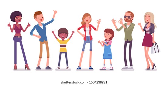 Recommendation and approval. Group of diverse people showing gesture of agreement, good or acceptable, feeling, having a positive opinion, recommend best choice. Vector flat style cartoon illustration