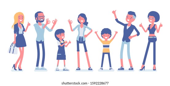 Recommendation and approval. Group of diverse people showing gesture of agreement, good or acceptable, feeling, having a positive opinion, recommend best choice. Vector flat style cartoon illustration