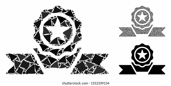 Recommendation badge mosaic of humpy elements in variable sizes and color tints, based on recommendation badge icon. Vector uneven elements are grouped into collage.